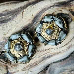 Vintage Selini gold tone Greystone round clip on earrings art nova